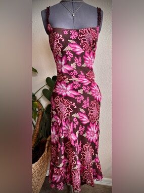 Vintage Believe Brown Pink Floral Lace Fitted Midi Dress 10 M